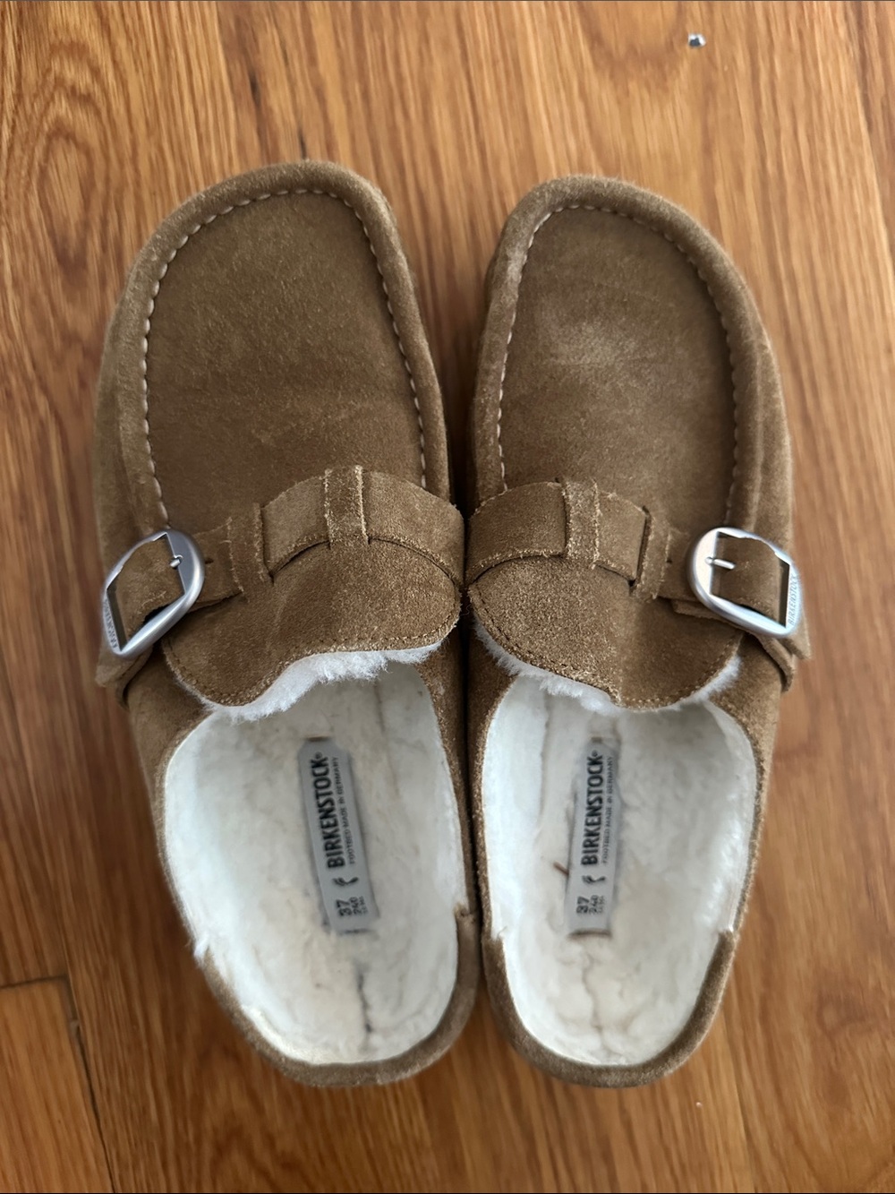 Birkenstock Brown Suede Shearling-Lined Buckle Slippers like new